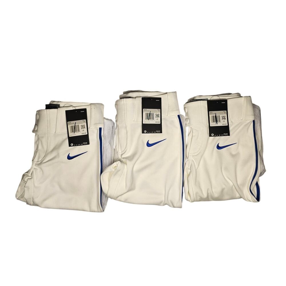 (3) Nike Team Boys Extra Small Baseball Pants White / Blue Logo + Stripe 3 Pairs